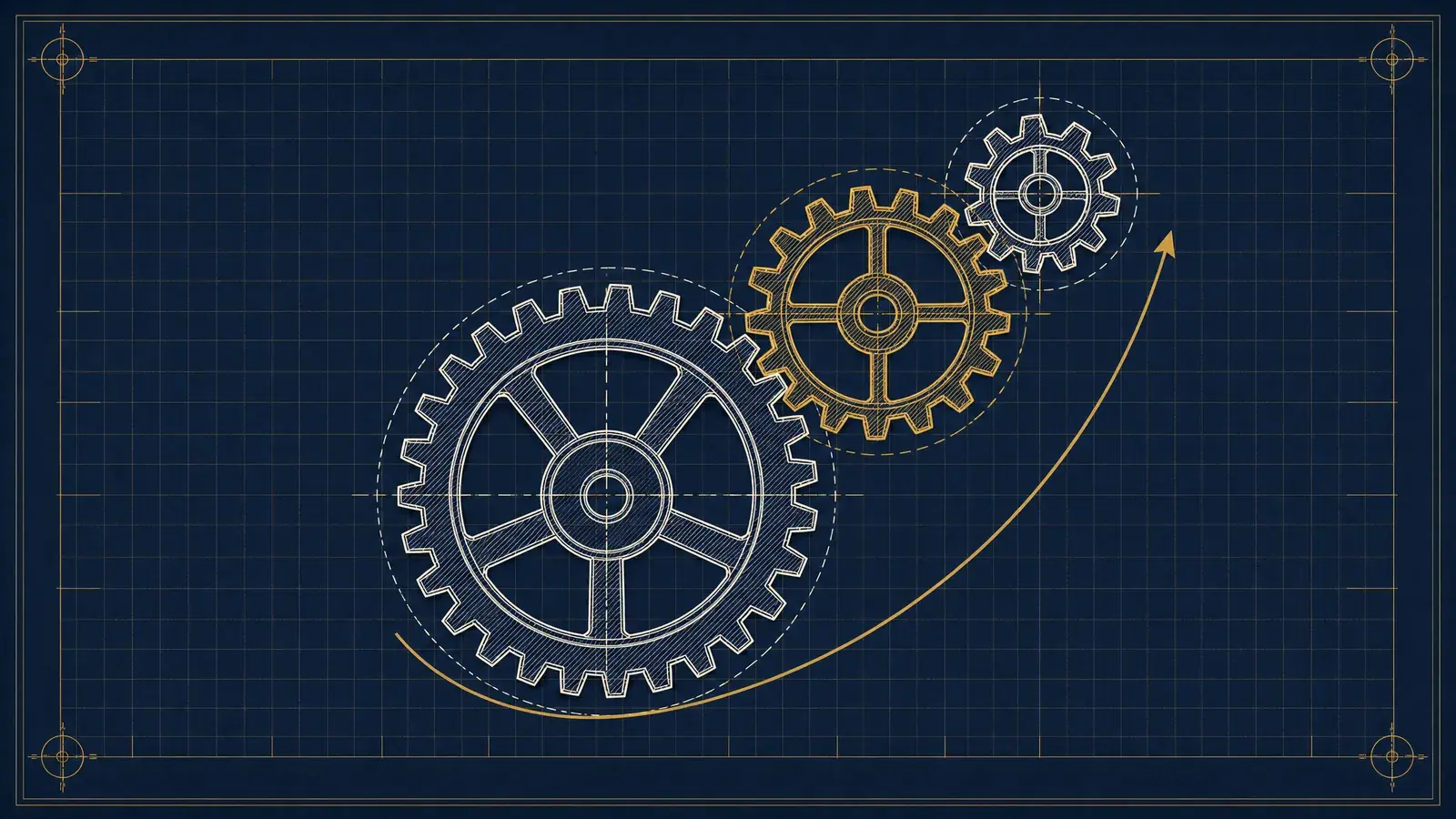 Blueprint-style line drawing of three meshing gears in a chain, large white, medium gold and small white, with a gold arrow curving up alongside them