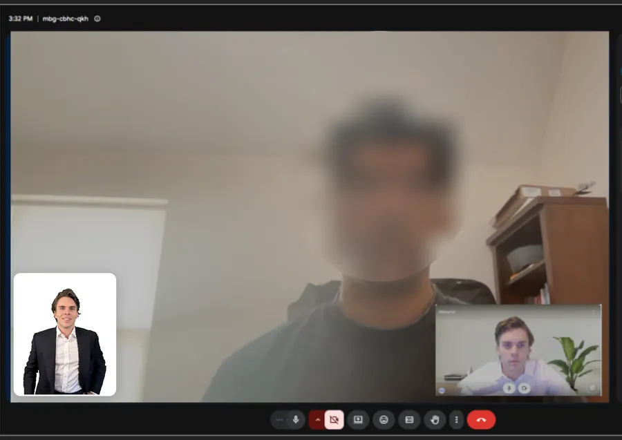 A real live assessment call: the student's face blurred for privacy, with Kai — a former Goldman Sachs interviewer — conducting the mock first round